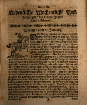 Ordentliche wochentliche Post-Zeitungen Samstag 27. Februar 1700