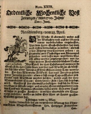 Ordentliche wochentliche Post-Zeitungen Samstag 5. Juni 1700