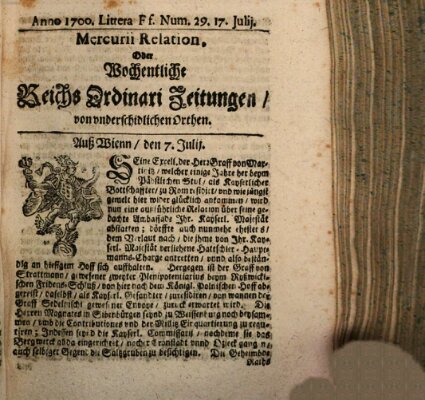 Mercurii Relation, oder wochentliche Reichs Ordinari Zeitungen, von underschidlichen Orthen (Süddeutsche Presse) Samstag 17. Juli 1700