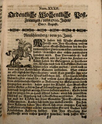 Ordentliche wochentliche Post-Zeitungen Samstag 7. August 1700