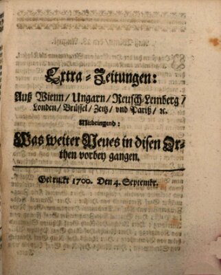 Mercurii Relation, oder wochentliche Reichs Ordinari Zeitungen, von underschidlichen Orthen (Süddeutsche Presse) Samstag 4. September 1700