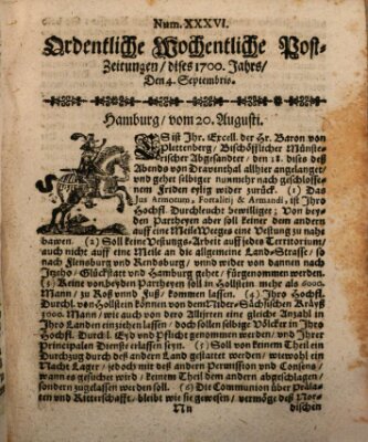 Ordentliche wochentliche Post-Zeitungen Samstag 4. September 1700