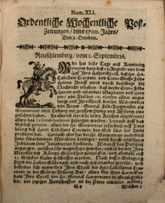 Ordentliche wochentliche Post-Zeitungen Samstag 9. Oktober 1700