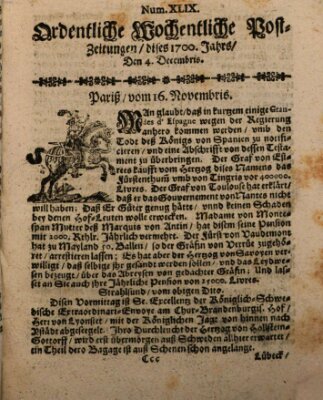 Ordentliche wochentliche Post-Zeitungen Samstag 4. Dezember 1700