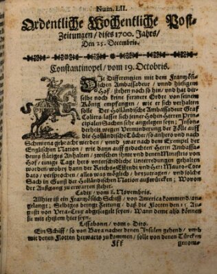 Ordentliche wochentliche Post-Zeitungen Samstag 25. Dezember 1700