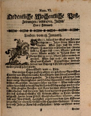 Ordentliche wochentliche Post-Zeitungen Samstag 5. Februar 1701