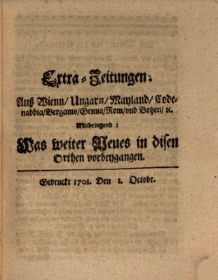 Mercurii Relation, oder wochentliche Ordinari Zeitungen von underschidlichen Orthen (Süddeutsche Presse) Samstag 1. Oktober 1701