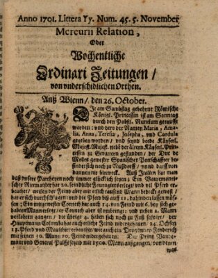 Mercurii Relation, oder wochentliche Ordinari Zeitungen von underschidlichen Orthen (Süddeutsche Presse) Samstag 5. November 1701