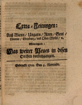 Mercurii Relation, oder wochentliche Ordinari Zeitungen von underschidlichen Orthen (Süddeutsche Presse) Samstag 5. November 1701