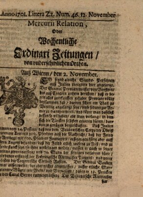 Mercurii Relation, oder wochentliche Ordinari Zeitungen von underschidlichen Orthen (Süddeutsche Presse) Samstag 12. November 1701