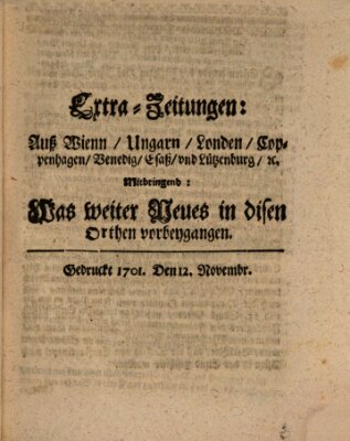 Mercurii Relation, oder wochentliche Ordinari Zeitungen von underschidlichen Orthen (Süddeutsche Presse) Samstag 12. November 1701