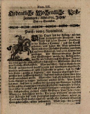 Ordentliche wochentliche Post-Zeitungen Samstag 24. Dezember 1701