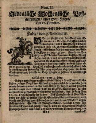 Ordentliche wochentliche Post-Zeitungen Samstag 17. Dezember 1701