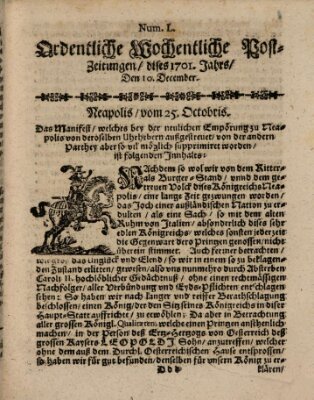 Ordentliche wochentliche Post-Zeitungen Samstag 10. Dezember 1701