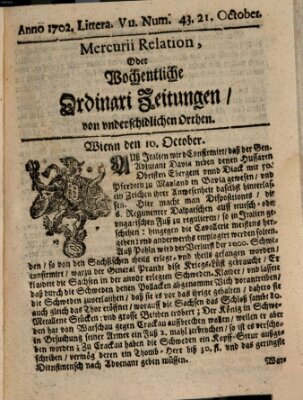 Mercurii Relation, oder wochentliche Ordinari Zeitungen von underschidlichen Orthen (Süddeutsche Presse) Samstag 21. Oktober 1702