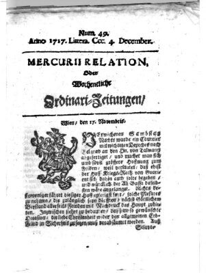 Mercurii Relation, oder wochentliche Ordinari Zeitungen von underschidlichen Orthen (Süddeutsche Presse) Samstag 4. Dezember 1717