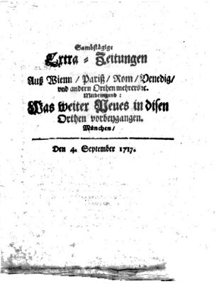 Mercurii Relation, oder wochentliche Ordinari Zeitungen von underschidlichen Orthen (Süddeutsche Presse) Samstag 4. September 1717