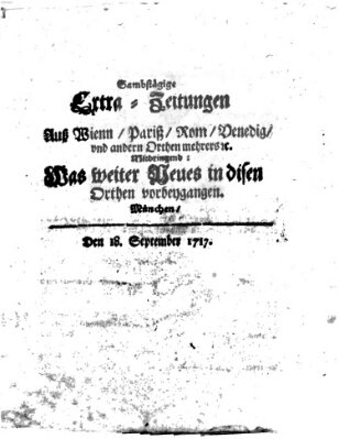 Mercurii Relation, oder wochentliche Ordinari Zeitungen von underschidlichen Orthen (Süddeutsche Presse) Samstag 18. September 1717