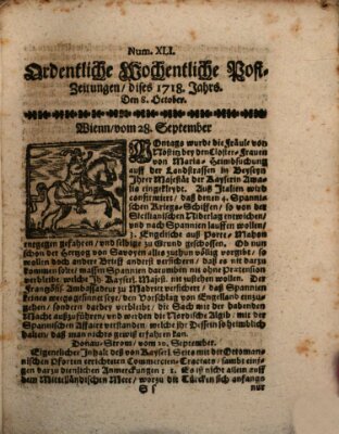 Ordentliche wochentliche Post-Zeitungen Samstag 8. Oktober 1718