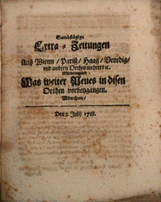 Mercurii Relation, oder wochentliche Ordinari Zeitungen von underschidlichen Orthen (Süddeutsche Presse) Samstag 2. Juli 1718