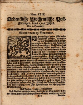 Ordentliche wochentliche Post-Zeitungen Samstag 2. Dezember 1719