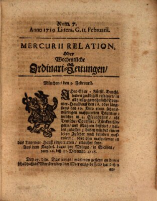 Mercurii Relation, oder wochentliche Ordinari Zeitungen von underschidlichen Orthen (Süddeutsche Presse) Samstag 11. Februar 1719