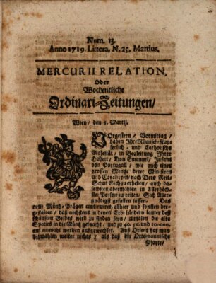 Mercurii Relation, oder wochentliche Ordinari Zeitungen von underschidlichen Orthen (Süddeutsche Presse) Samstag 25. März 1719