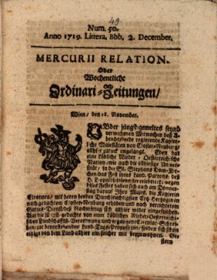 Mercurii Relation, oder wochentliche Ordinari Zeitungen von underschidlichen Orthen (Süddeutsche Presse) Samstag 2. Dezember 1719