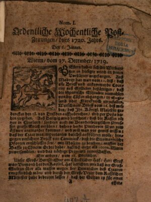 Ordentliche wochentliche Post-Zeitungen Samstag 6. Januar 1720