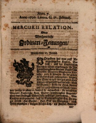 Mercurii Relation, oder wochentliche Ordinari Zeitungen von underschidlichen Orthen (Süddeutsche Presse) Samstag 17. Februar 1720