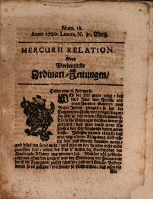 Mercurii Relation, oder wochentliche Ordinari Zeitungen von underschidlichen Orthen (Süddeutsche Presse) Samstag 30. März 1720