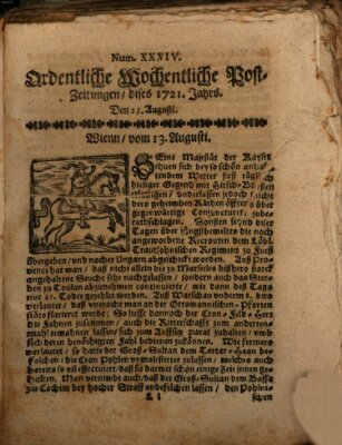 Ordentliche wochentliche Post-Zeitungen Samstag 23. August 1721