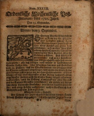 Ordentliche wochentliche Post-Zeitungen Samstag 13. September 1721