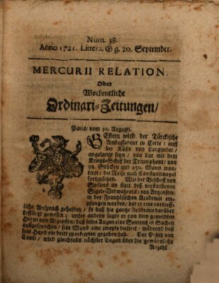 Mercurii Relation, oder wochentliche Ordinari Zeitungen von underschidlichen Orthen (Süddeutsche Presse) Samstag 20. September 1721