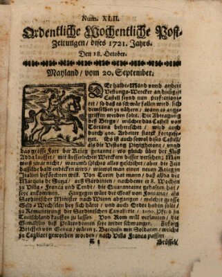 Ordentliche wochentliche Post-Zeitungen Samstag 18. Oktober 1721