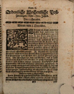 Ordentliche wochentliche Post-Zeitungen Samstag 13. Dezember 1721