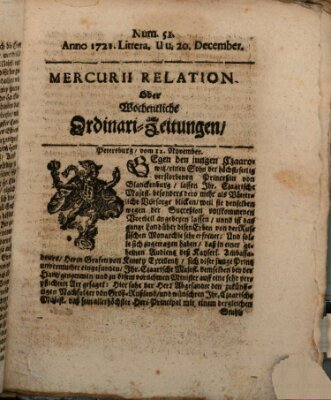 Mercurii Relation, oder wochentliche Ordinari Zeitungen von underschidlichen Orthen (Süddeutsche Presse) Samstag 20. Dezember 1721