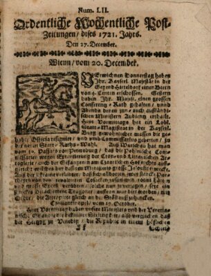 Ordentliche wochentliche Post-Zeitungen Samstag 27. Dezember 1721