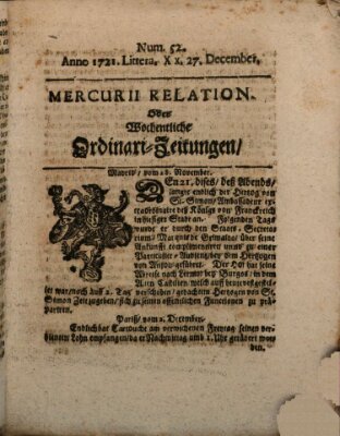 Mercurii Relation, oder wochentliche Ordinari Zeitungen von underschidlichen Orthen (Süddeutsche Presse) Samstag 27. Dezember 1721