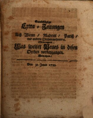 Mercurii Relation, oder wochentliche Ordinari Zeitungen von underschidlichen Orthen (Süddeutsche Presse) Samstag 31. Januar 1722