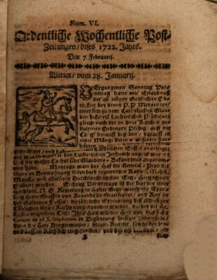 Ordentliche wochentliche Post-Zeitungen Samstag 7. Februar 1722