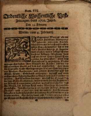 Ordentliche wochentliche Post-Zeitungen Samstag 14. Februar 1722