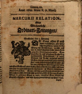 Mercurii Relation, oder wochentliche Ordinari Zeitungen von underschidlichen Orthen (Süddeutsche Presse) Samstag 7. März 1722