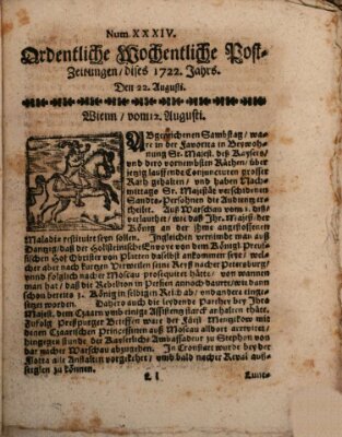 Ordentliche wochentliche Post-Zeitungen Samstag 22. August 1722