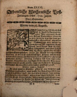 Ordentliche wochentliche Post-Zeitungen Samstag 5. September 1722