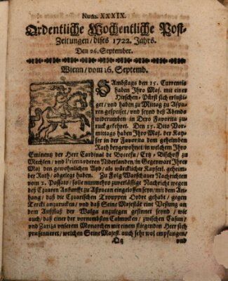 Ordentliche wochentliche Post-Zeitungen Samstag 26. September 1722