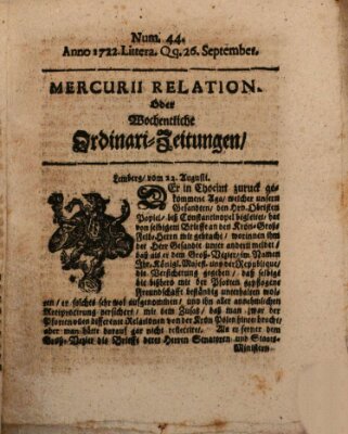 Mercurii Relation, oder wochentliche Ordinari Zeitungen von underschidlichen Orthen (Süddeutsche Presse) Samstag 26. September 1722