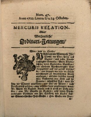 Mercurii Relation, oder wochentliche Ordinari Zeitungen von underschidlichen Orthen (Süddeutsche Presse) Samstag 24. Oktober 1722