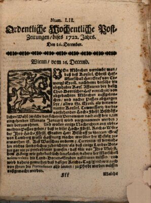 Ordentliche wochentliche Post-Zeitungen Samstag 26. Dezember 1722