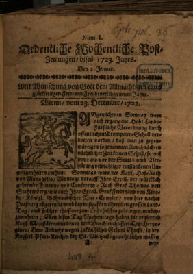 Ordentliche wochentliche Post-Zeitungen Samstag 2. Januar 1723